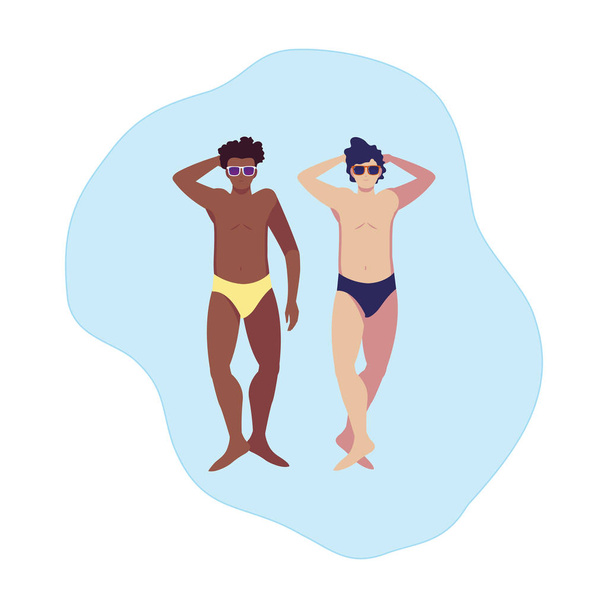 Interracial mannen met zwembroek zwevend in water - Vector, afbeelding