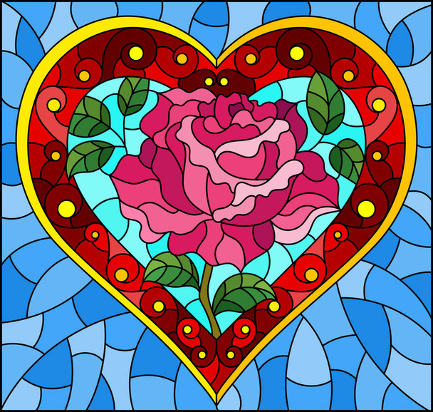 Ilustracja w stylu witrażu z jasnym czerwonym sercem i kwiat róży na niebieskim tle - Wektor, obraz