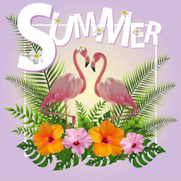Trendy lato tropikalne kwiaty, liście, Flamingo. T-shirt Fashion Graphic. Egzotyczne Vector Design - Wektor, obraz