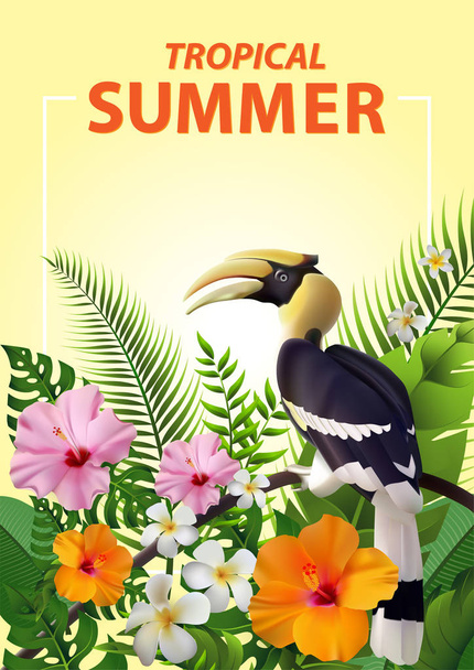 Trendy Sommer tropische Blumen, Blätter, Hornvogel. T-Shirt Mode Grafik. Exotisches Vektordesign - Vektor, Bild