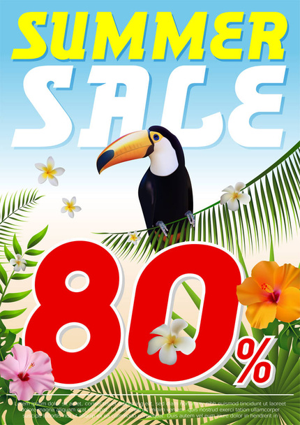 Módní Tropické lístky letní prodej Bannerová sleva 30% s exotickou džunglí a design Hornbill pro plakát, letáky, dárkový list - Vektor, obrázek