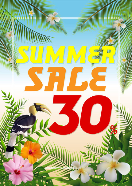 Módní Tropické lístky letní prodej Bannerová sleva 30% s exotickou džunglí a design Hornbill pro plakát, letáky, dárkový list - Vektor, obrázek