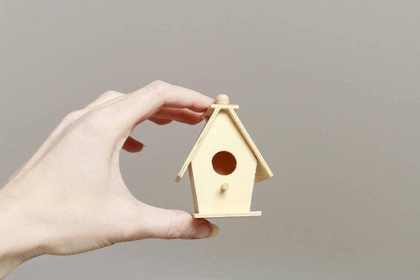 Woman holding tiny wooden house. - Valokuva, kuva