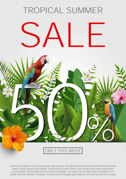 Letní prodej tropický prapor, plakát sezónní propagace s exotickými květinami, palmové listy, Hibiscus. Pozadí návrhu šablony slevy pro titulní obraz - Vektor, obrázek