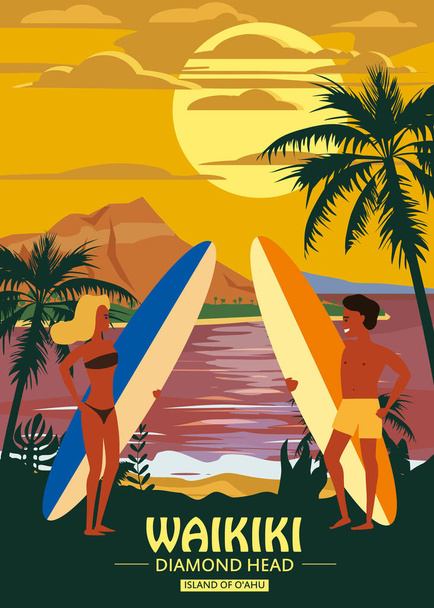 Szörfösök férfi és nő pár a strandon Waikiki, naplemente, tengerpart, pálmafák. Készüljön fel a szörfözéshez. Üdülő, trópusokon, tenger, óceán. Vektor, izolált, retro, Vintage, poszter, banner - Vektor, kép