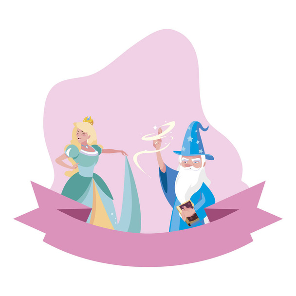 όμορφη πριγκίπισσα με τον μάγο των ιστοριών χαρακτήρες - Διάνυσμα, εικόνα