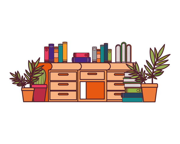 desk with stack of books on white background - Vector, Image
