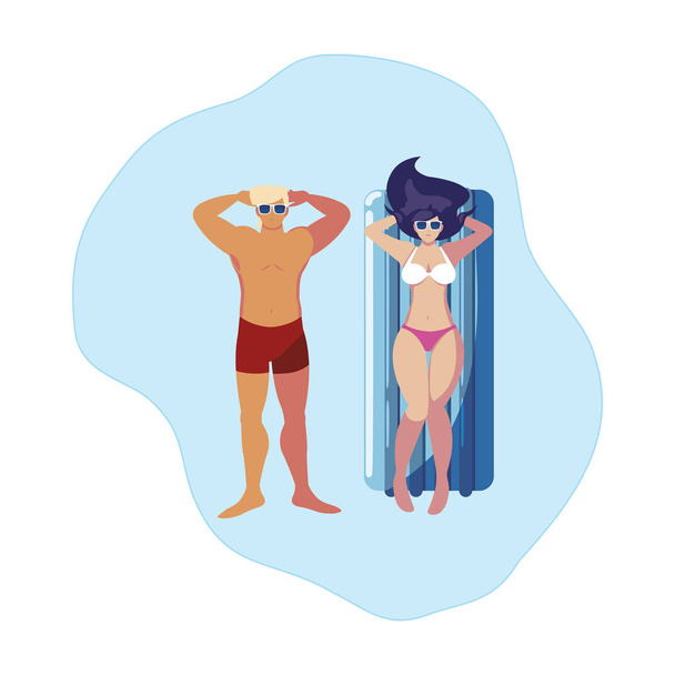 水のフロートマットレスを持つ若いカップル - ベクター画像
