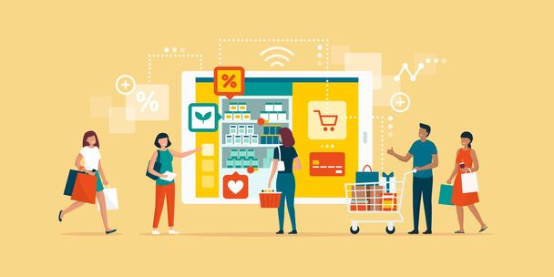 Happy people doing grocery shopping online and shopping smartphone app: technology, retail and communication concept - Vektor, obrázek