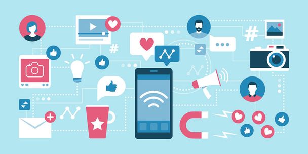 Διαχείριση και επικοινωνία κοινωνικού δικτύου: smartphone και δίκτυο εικονιδίων και εννοιών μέσων κοινωνικής δικτύωσης - Διάνυσμα, εικόνα