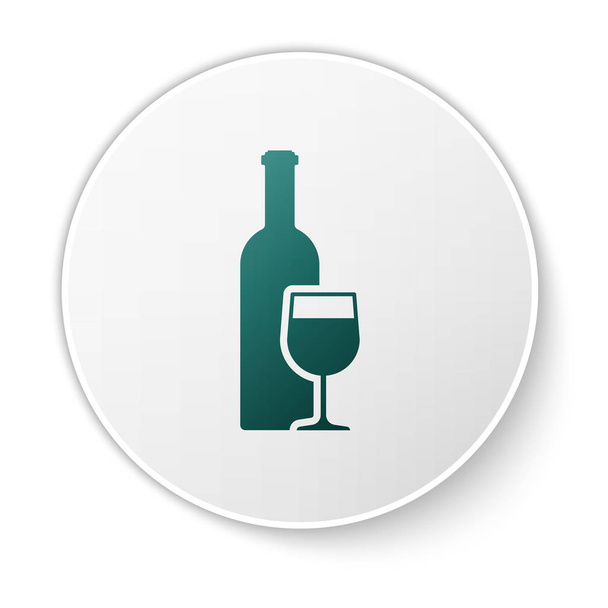 Green Wine bottle with wine glass icon isolated on white background. Green circle button. Vector Illustration - Vector, Image