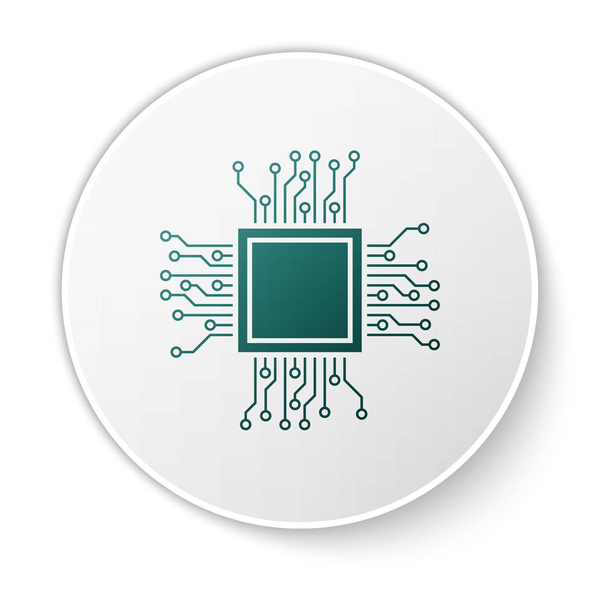 Icône Processeur vert isolé sur fond blanc. CPU, unité centrale de traitement, micropuce, microcircuit, processeur informatique, puce. Bouton rond blanc. Illustration vectorielle
 - Vecteur, image