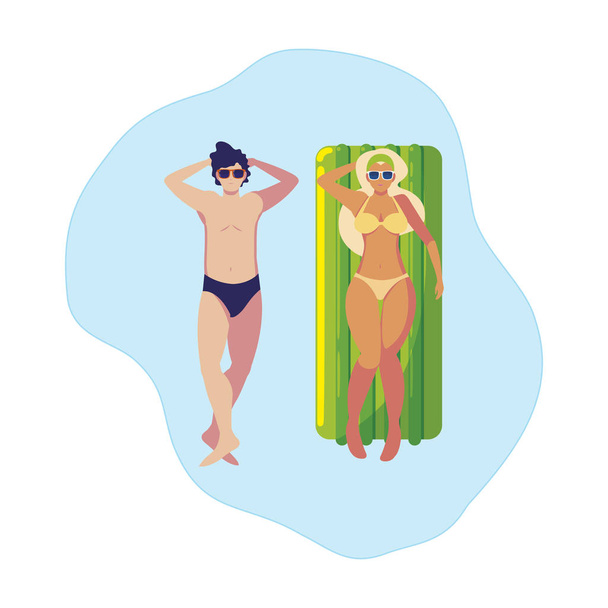 水のフロートマットレスを持つ若いカップル - ベクター画像
