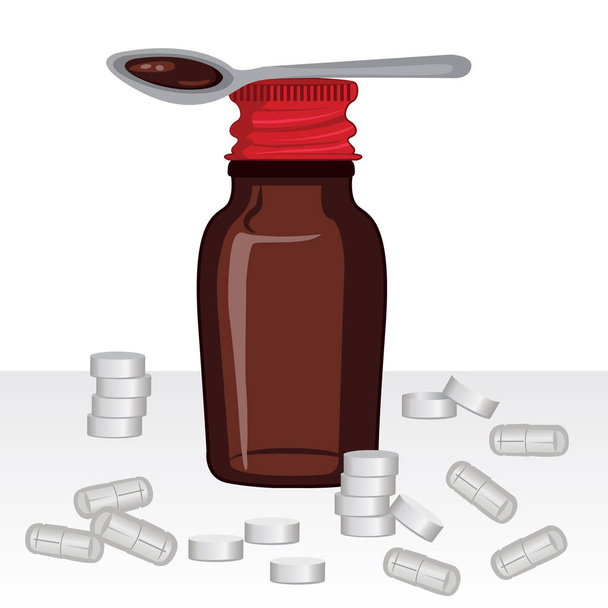 Eine Flasche homöopathischen Heilmittelsirup und ein Löffel mit Heilmittelmischung - Vektor, Bild
