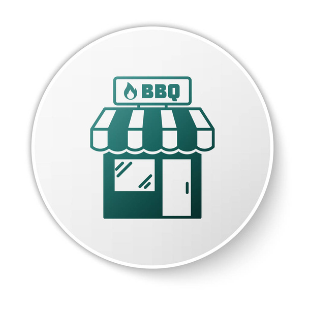 Green Barbecue shopping building or market store icon isolated on white background. BBQ grill party. Shop construction. White circle button. Vector Illustration - Vector, Image