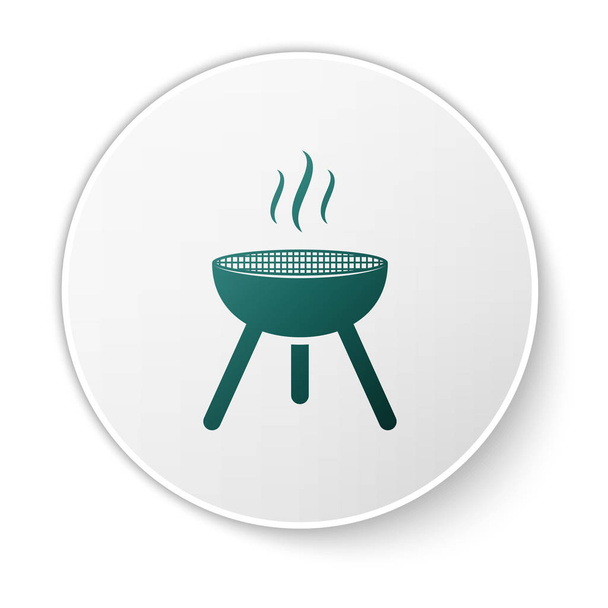 Zielony grill grill grill ikona izolowana na białym tle. Grillowa impreza. Biały przycisk koła. Ilustracja wektora - Wektor, obraz