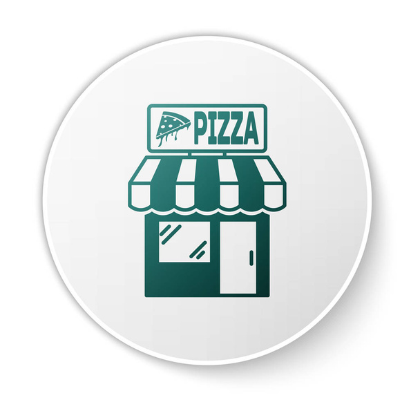 Zöld pizzéria épület homlokzat ikon elszigetelt fehér háttér. Gyorséttermi pizzéria kioszk. Fehér kör gomb. Vektoros illusztráció - Vektor, kép
