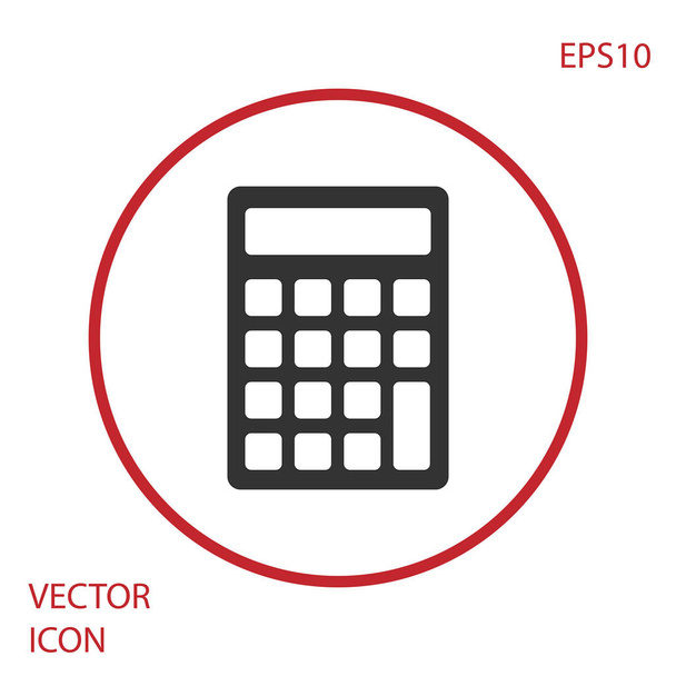 Szürke számológép ikon elszigetelt-ra fehér háttér. Könyvviteli jel. Üzleti számítások matematika oktatás és pénzügy. Piros kör gomb. Vektoros illusztráció - Vektor, kép