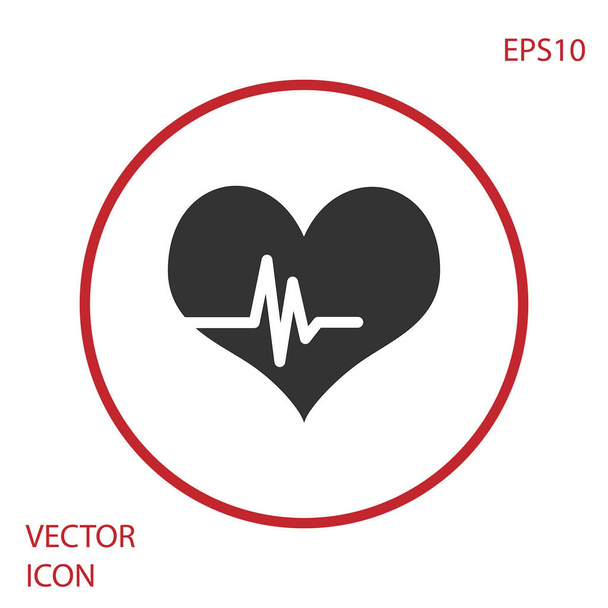 Szara ikona tętna na białym tle. Znak pulsu. Ikona pulsu serca. Ikona kardiogramu. Czerwony przycisk koła. Ilustracja wektorowa - Wektor, obraz