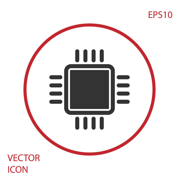 マイクロ回路CPUアイコンを備えたグレーのコンピュータプロセッサは、白い背景に隔離されています。回路基板記号付きのチップまたはCPU。マイクロプロセッサ。赤い円のボタン。ベクトルイラストレーション - ベクター画像