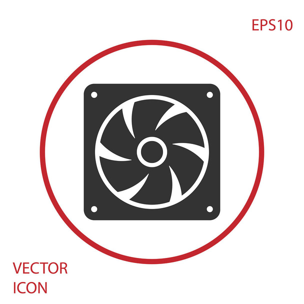 graues Computer-Kühler-Symbol auf weißem Hintergrund. PC-Hardware-Fan. roter Kreis-Knopf. Vektorillustration - Vektor, Bild