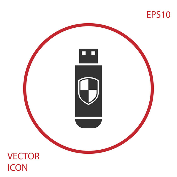 Unidad flash USB gris e icono de escudo de protección aislados sobre fondo blanco. Botón círculo rojo. Ilustración vectorial
 - Vector, Imagen