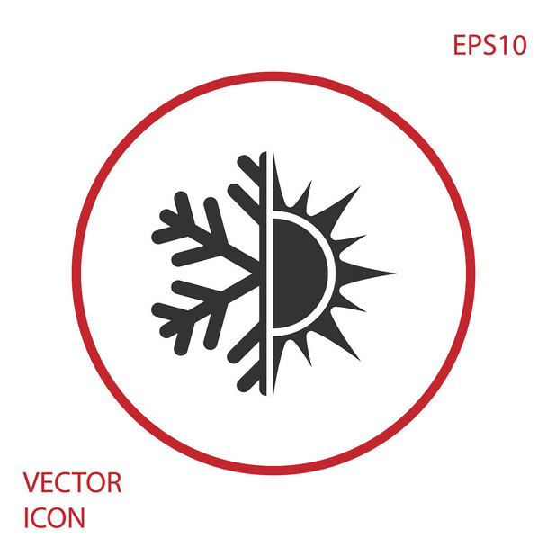 Szary symbol gorący i zimny. Słońce i ikona śnieżynka na białym tle. Symbol zimowy i letni. Czerwony przycisk koła. Ilustracja wektorowa - Wektor, obraz