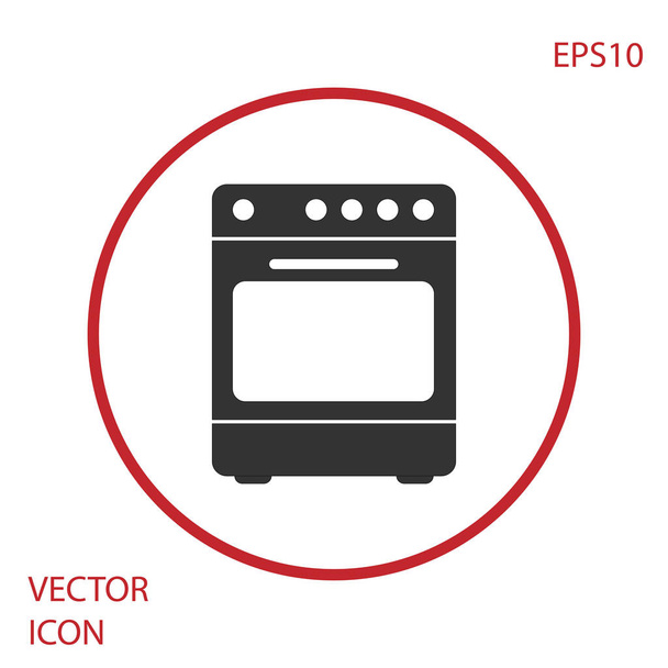 白い背景に隔離された灰色のオーブンアイコン。ストーブガスオーブンサイン。赤い円のボタン。ベクトルイラストレーション - ベクター画像