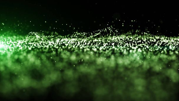 Abstract green color digital particles wave with dust and light  - Photo, Image