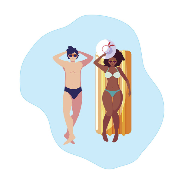 pareja interracial con colchón de flotador en agua
 - Vector, imagen