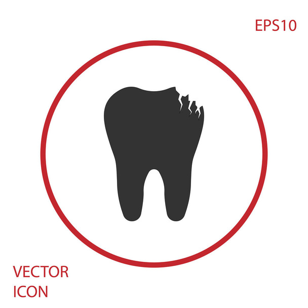 白い背景に隔離された灰色の壊れた歯のアイコン。歯科問題のアイコン。歯科治療のシンボル。赤い円のボタン。ベクトルイラストレーション - ベクター画像