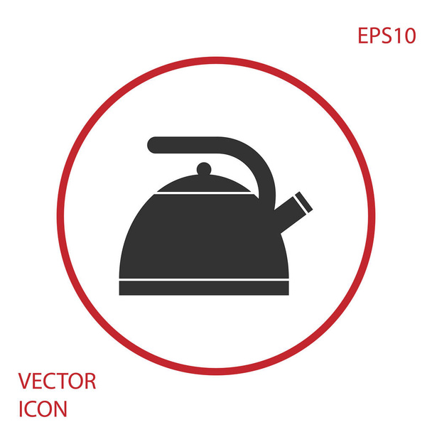 grauer Wasserkocher mit Henkelsymbol auf weißem Hintergrund. Teekannen-Symbol. roter Kreis-Knopf. Vektorillustration - Vektor, Bild