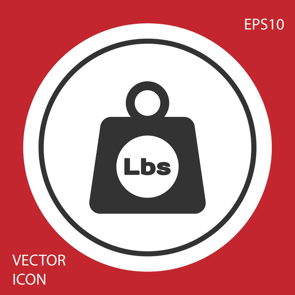 Grey Weight pounds icon isolated on red background. Pounds weight block for weight lifting and scale. Mass symbol. Circle button. Vector Illustration - Vector, Image
