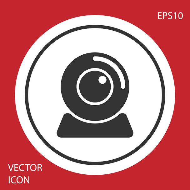 graues Web-Kamera-Symbol auf rotem Hintergrund. Chat-Kamera. Webcam-Symbol. Kreis-Taste. Vektorillustration - Vektor, Bild