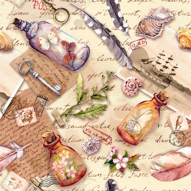 Vintage background with herbarium, exploring collection: feathers, sea shells, flowers, glass bottles. Retro design: old paper, notes. Seamless pattern. Watercolor - Foto, imagen
