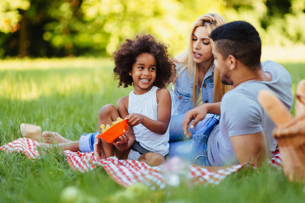 Onnellinen perhe hauskaa aikaa yhdessä piknikillä
 - Valokuva, kuva