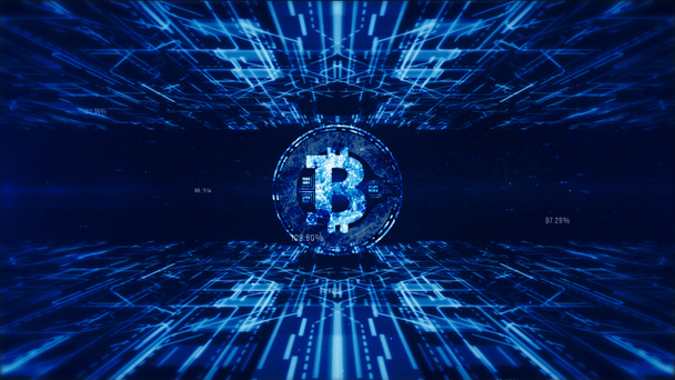 Znak waluty Bitcoin w cyfrowej cyberprzestrzeni, Business and techno - Zdjęcie, obraz