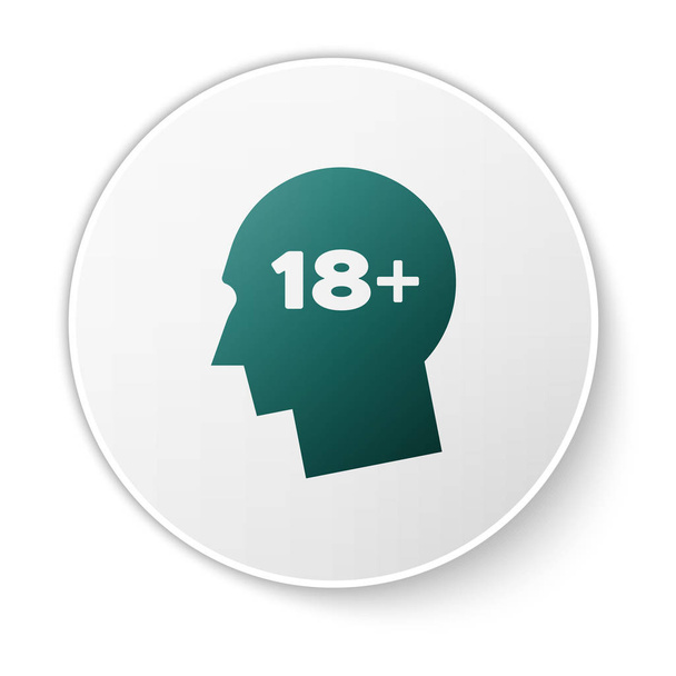 Πράσινο ανθρώπινο κεφάλι με επιγραφή 18 συν εικονίδιο απομονώνεται σε λευκό φόντο. 18 συν σύμβολο περιεχομένου. Μόνο εικονίδιο περιεχομένου ενηλίκων. Κουμπί λευκού κύκλου. Απεικόνιση διανυσματικών φορέων - Διάνυσμα, εικόνα