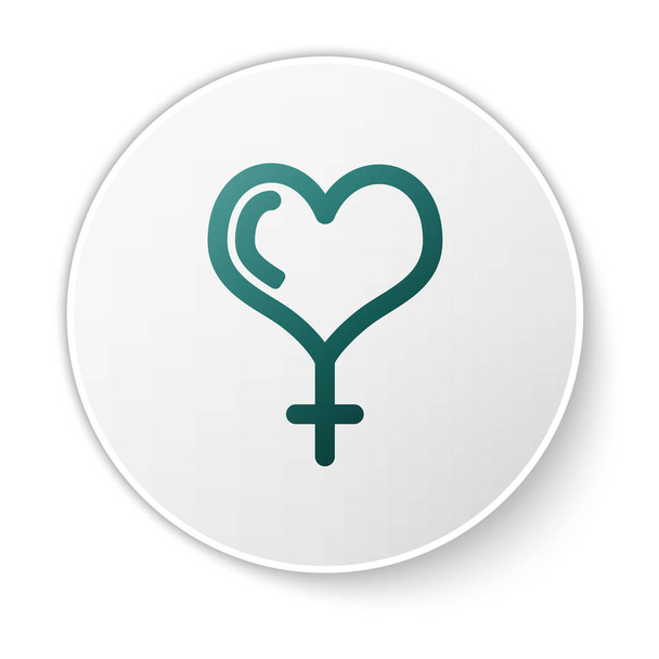 grünes weibliches Geschlechtssymbol und Herzsymbol isoliert auf weißem Hintergrund. Venussymbol. das Symbol für einen weiblichen Organismus oder eine Frau. weißer Kreis-Knopf. Vektorillustration - Vektor, Bild