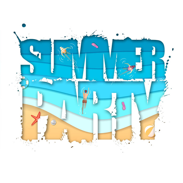 Summer party typography poster with beach and ocean waves. Cut out paper art style design - Vektor, obrázek