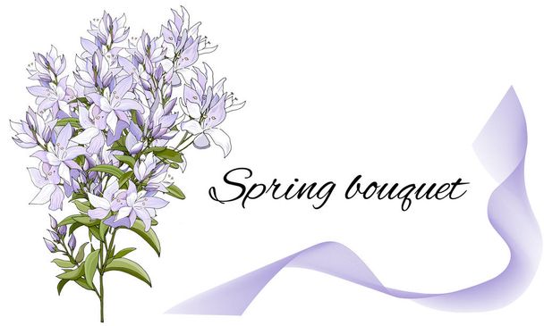 Kaart met paarse bloemen. Elegante sjabloon voor begroetings tekst. Hand getekende lente aquarel bloemen, vector illustratie. - Vector, afbeelding