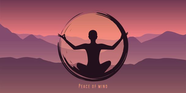 山の背景を持つ心の瞑想コンセプトシルエットの平和 - ベクター画像