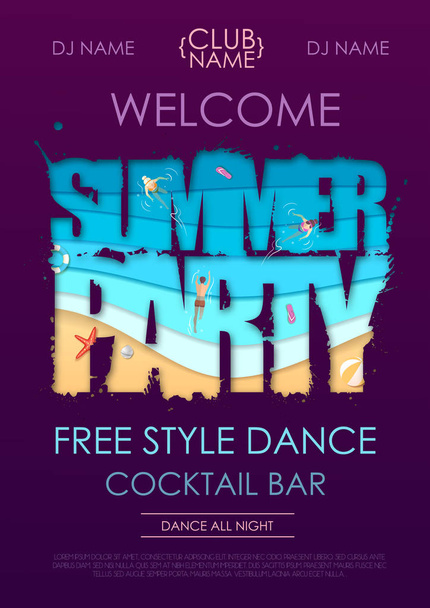 Summer disco party typography poster with beach and ocean waves. Cut out paper art style design - Vector, Imagen