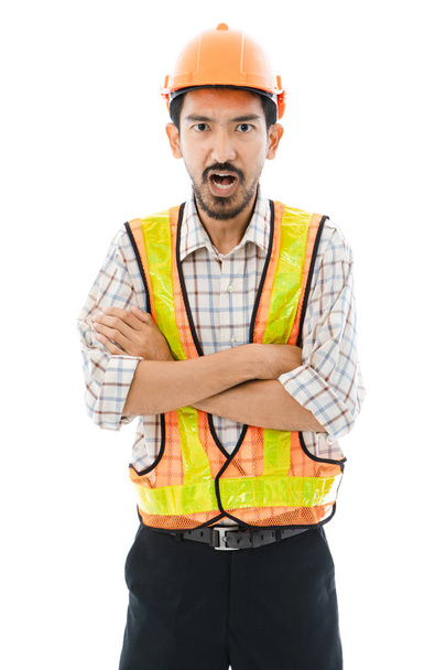Ingénieur homme croix bras orange casque et gilet
 - Photo, image