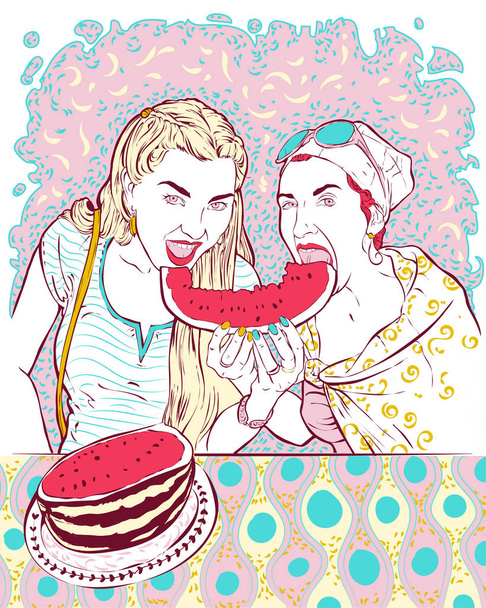 Πορτραίτο δύο νεαρών κοριτσιών που τρώνε ένα μεγάλο κομμάτι από κόκκινο ζουμερό καρπούζι - Διάνυσμα, εικόνα