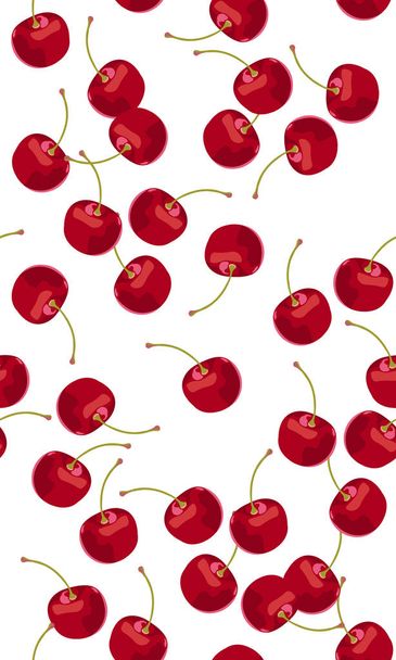 Varratmentes minta alá cseresznye gyümölcsök, friss bioélelmiszerek, piros gyümölcsök bogyó mintás fehér. Vektoros illusztráció. - Vektor, kép