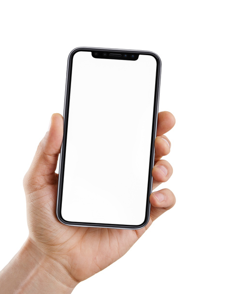 Mão masculina segurando telefone inteligente moderno em branco
 - Foto, Imagem