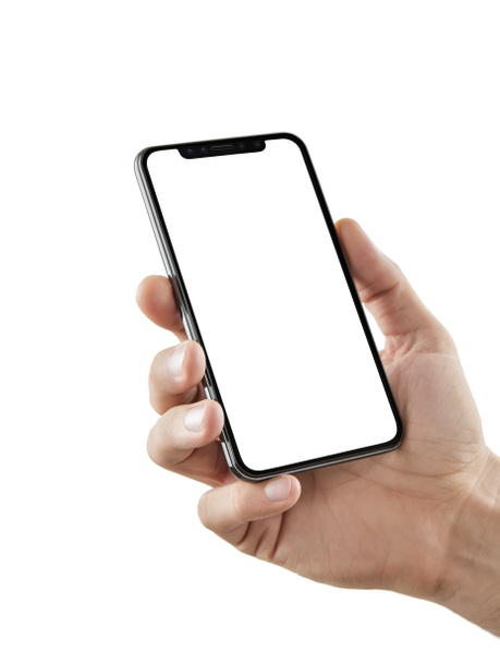 Mão masculina segurando telefone inteligente moderno em branco
 - Foto, Imagem
