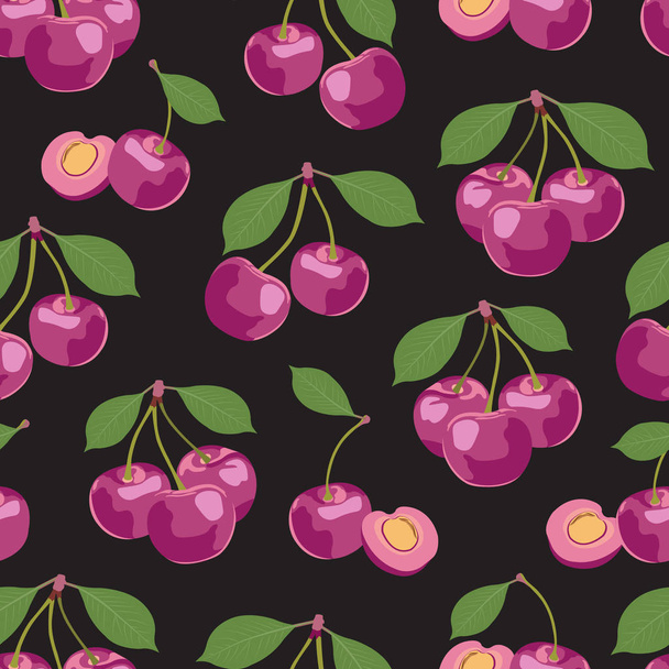 Seamless pattern pink cherry fruits, Fresh organic food, Purple fruits berry pattern on black. Vector illustration. - Vector, Image