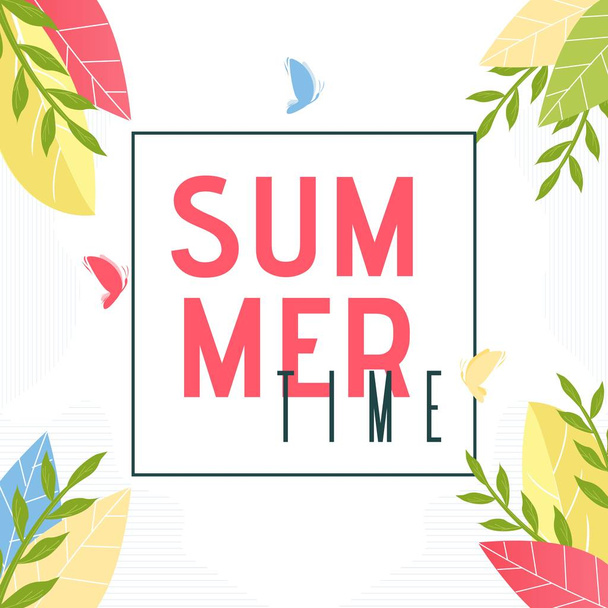 Summer Time Text in Frame and Foliage Decor Banner - Vector, Image